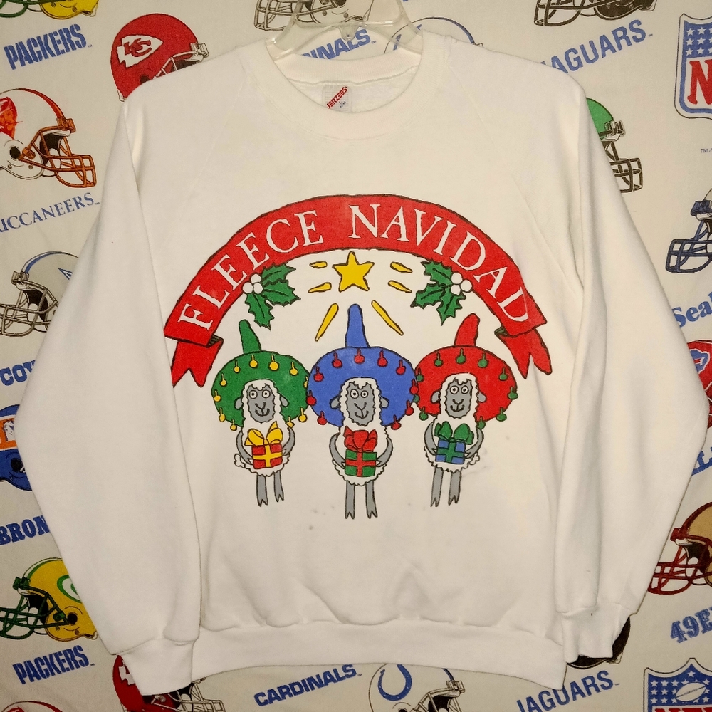 Vintage 1980s Fleece Navidad Sheeps Spanish Christmas Xmas Crewneck Sweatshirt
